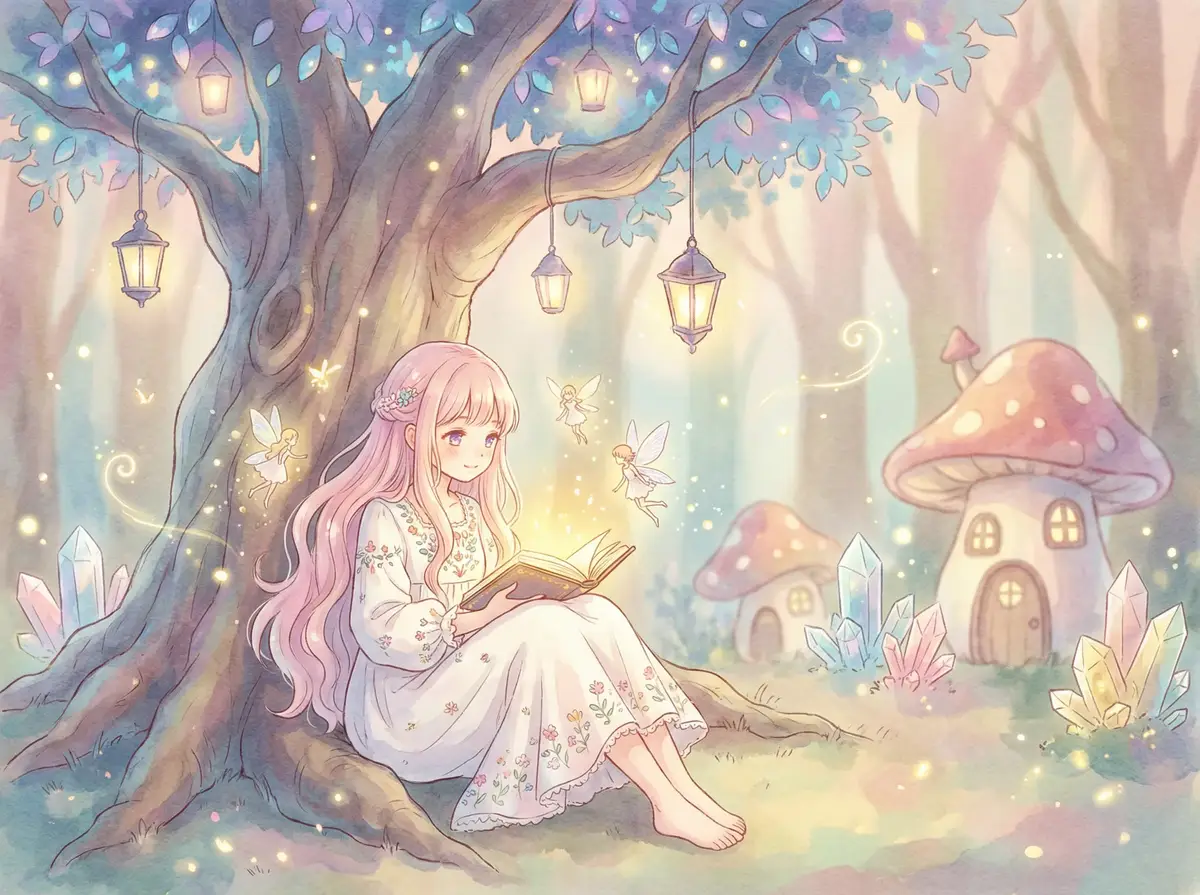 楼凤阁导航 - 魔法森林中阅读故事书的粉发少女与精灵